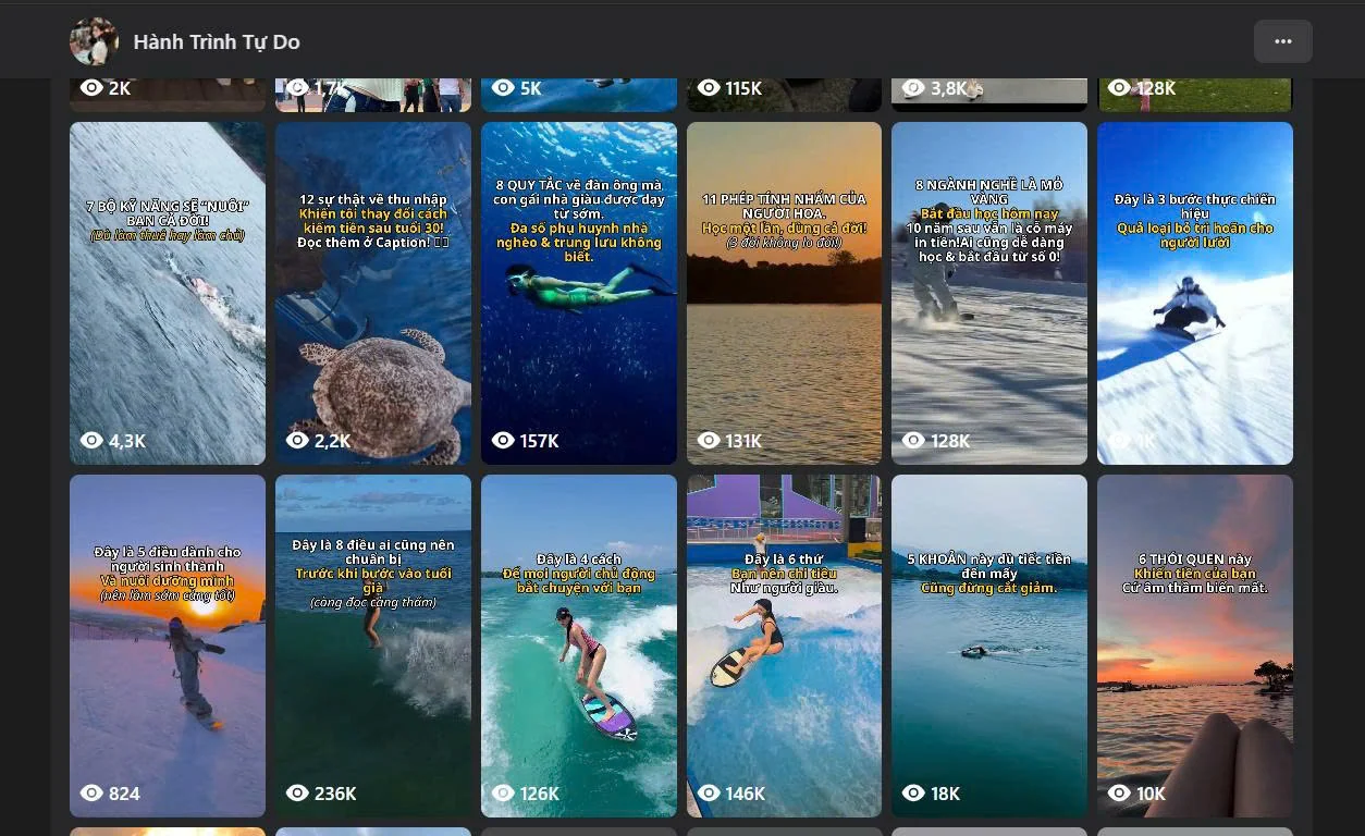 Ảnh chụp các Facebook Reels và lượt xem của fanpage Hành Trình Tự Do