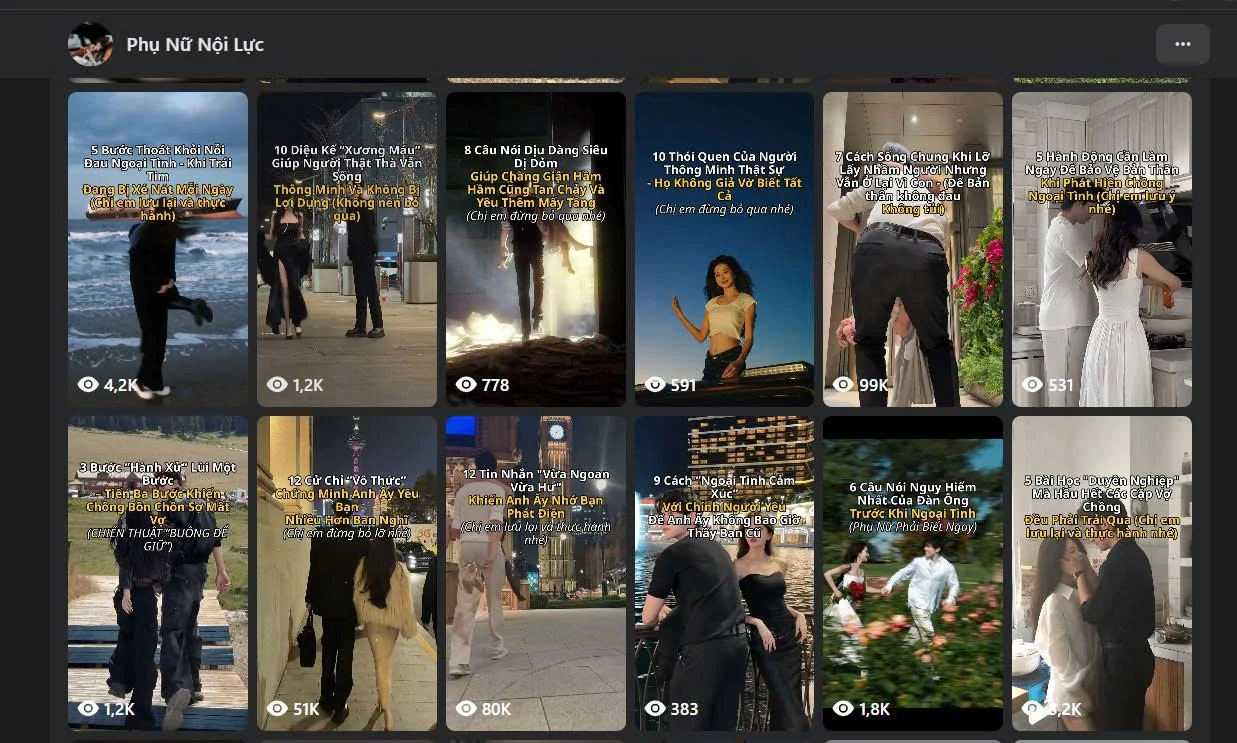 Ảnh chụp các Facebook Reels và lượt xem của fanpage Phụ Nữ Nội Lực